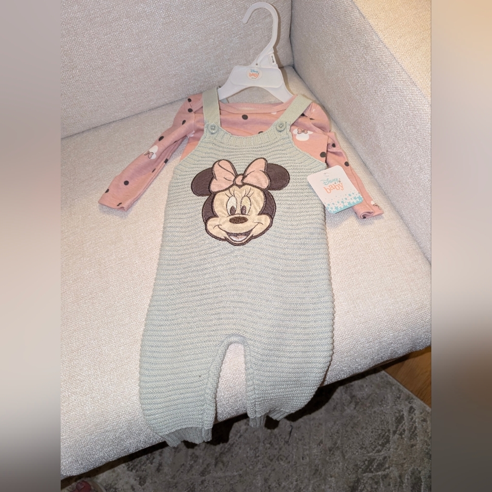 Disney Girl's Minnie Mouse Pink and Light Green Knit Overall Set